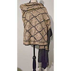 Kashmiri Embroidered Wool Shawl Wrap Stole Black Beige Embellished Women 28 x 80